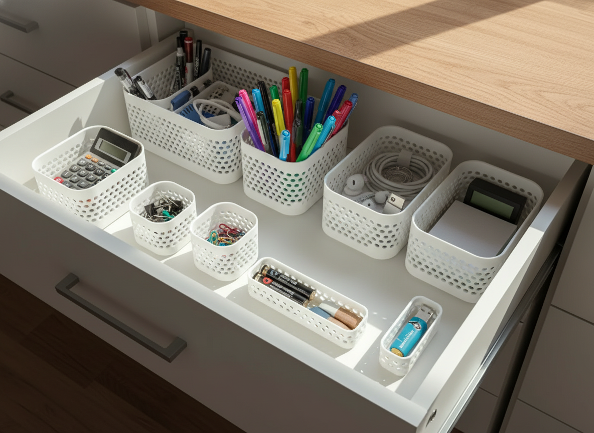Angled view of modular organizer boxes in a modern desk drawer holding stationery and tech accessories