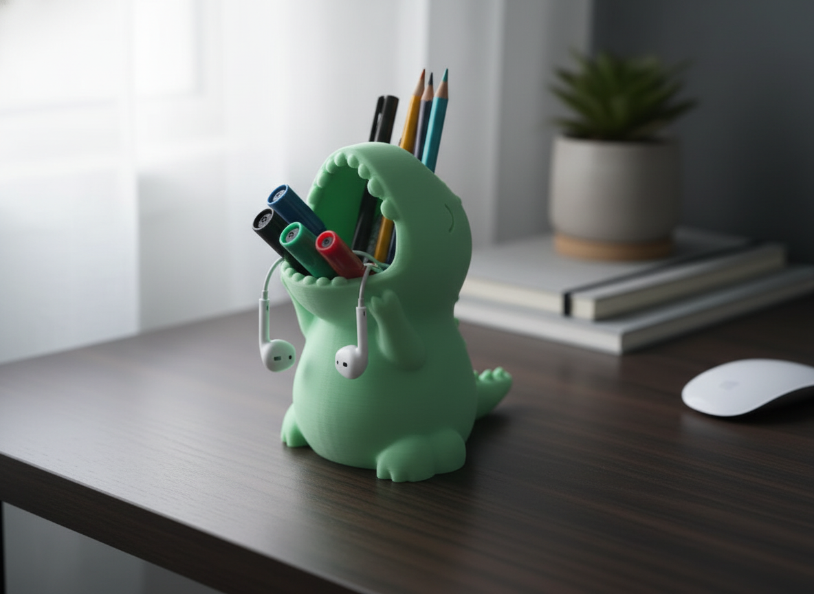 Angled view of a 3D printed desk organizer in a modern workspace