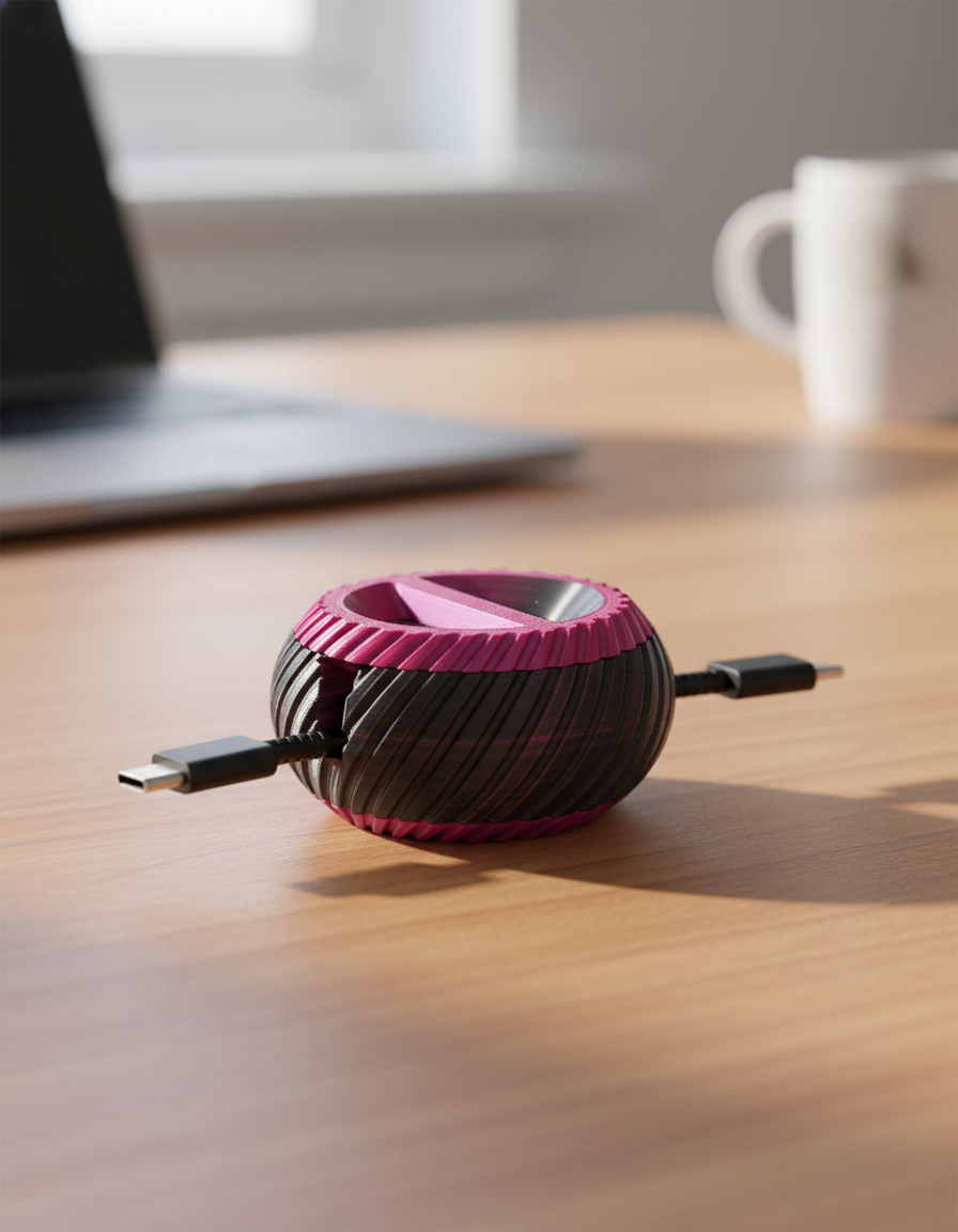 Angled view of cable winder in use on a warm wood desk