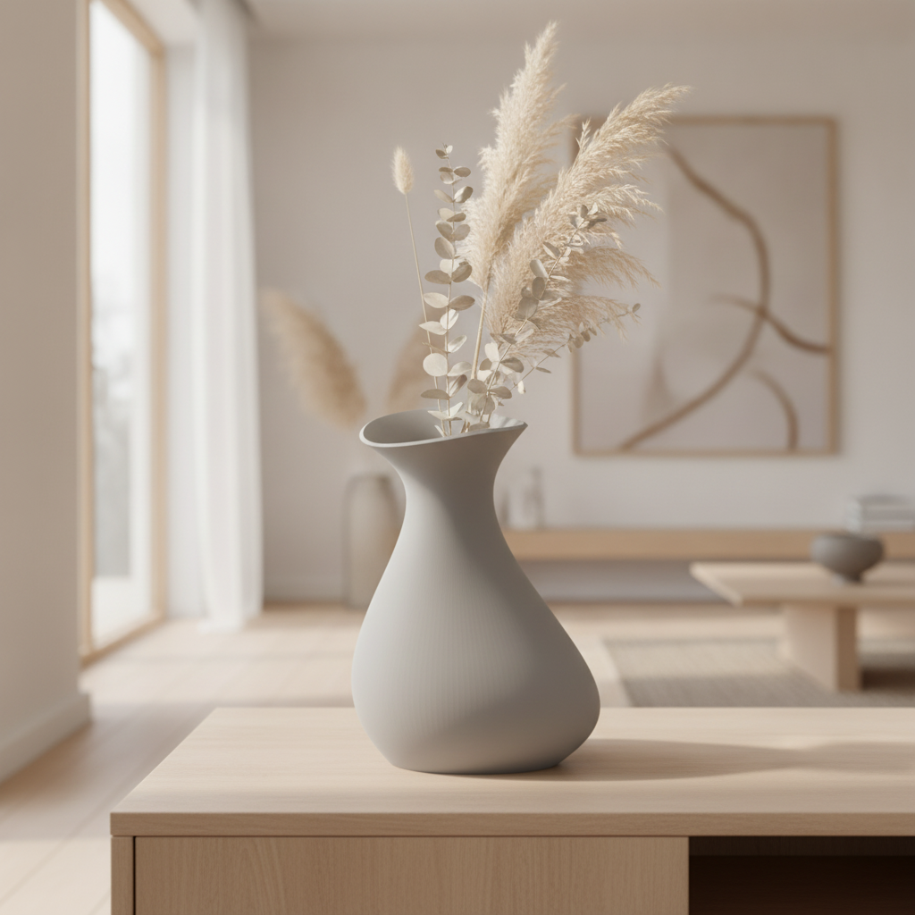 Vază sculpturală imprimată 3D, fotografiată din unghi trei sferturi într-un living modern