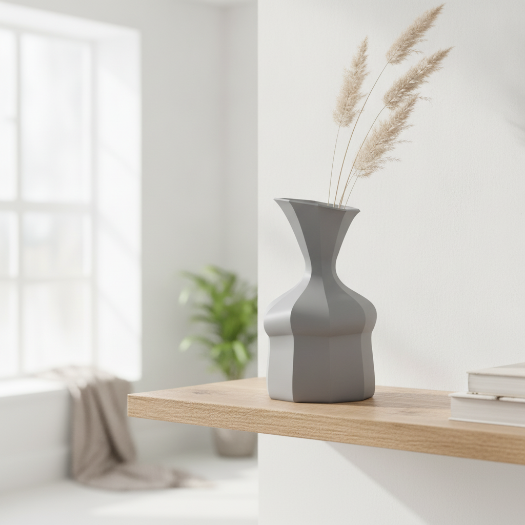 Vază geometrică imprimată 3D, fotografiată din unghi lateral într-un decor minimalist