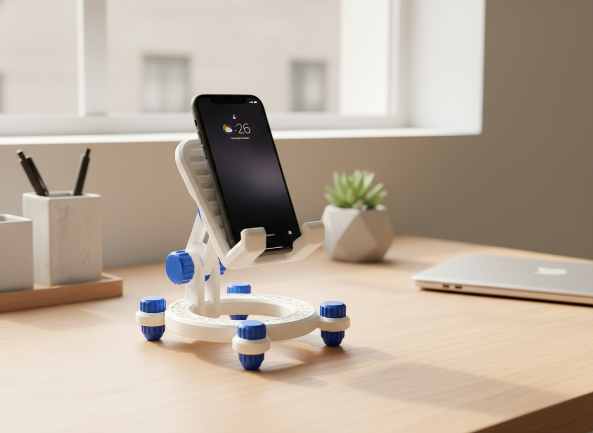 Angled view of the adjustable 3D-printed phone stand in portrait use on a desk