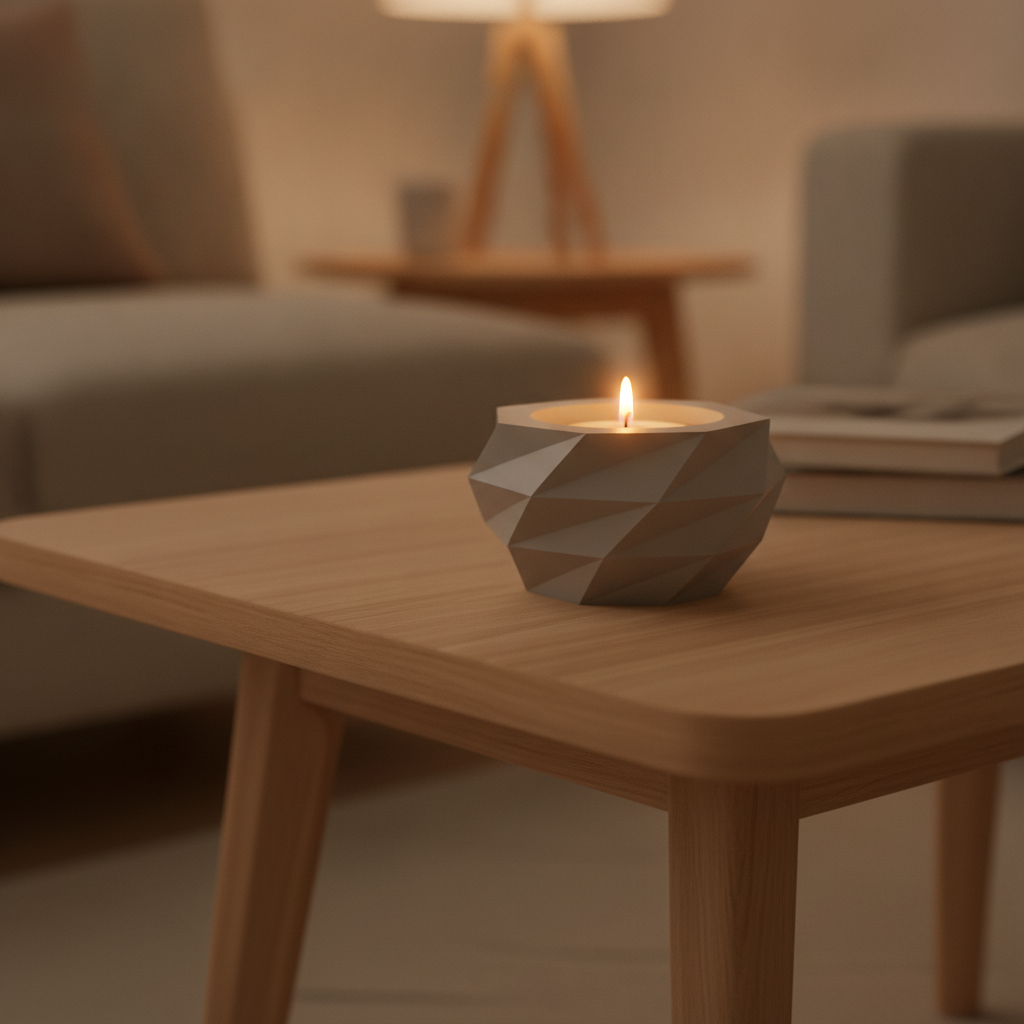 Vedere laterală a suportului pentru lumânare Low Poly cu tealight într-un decor de living