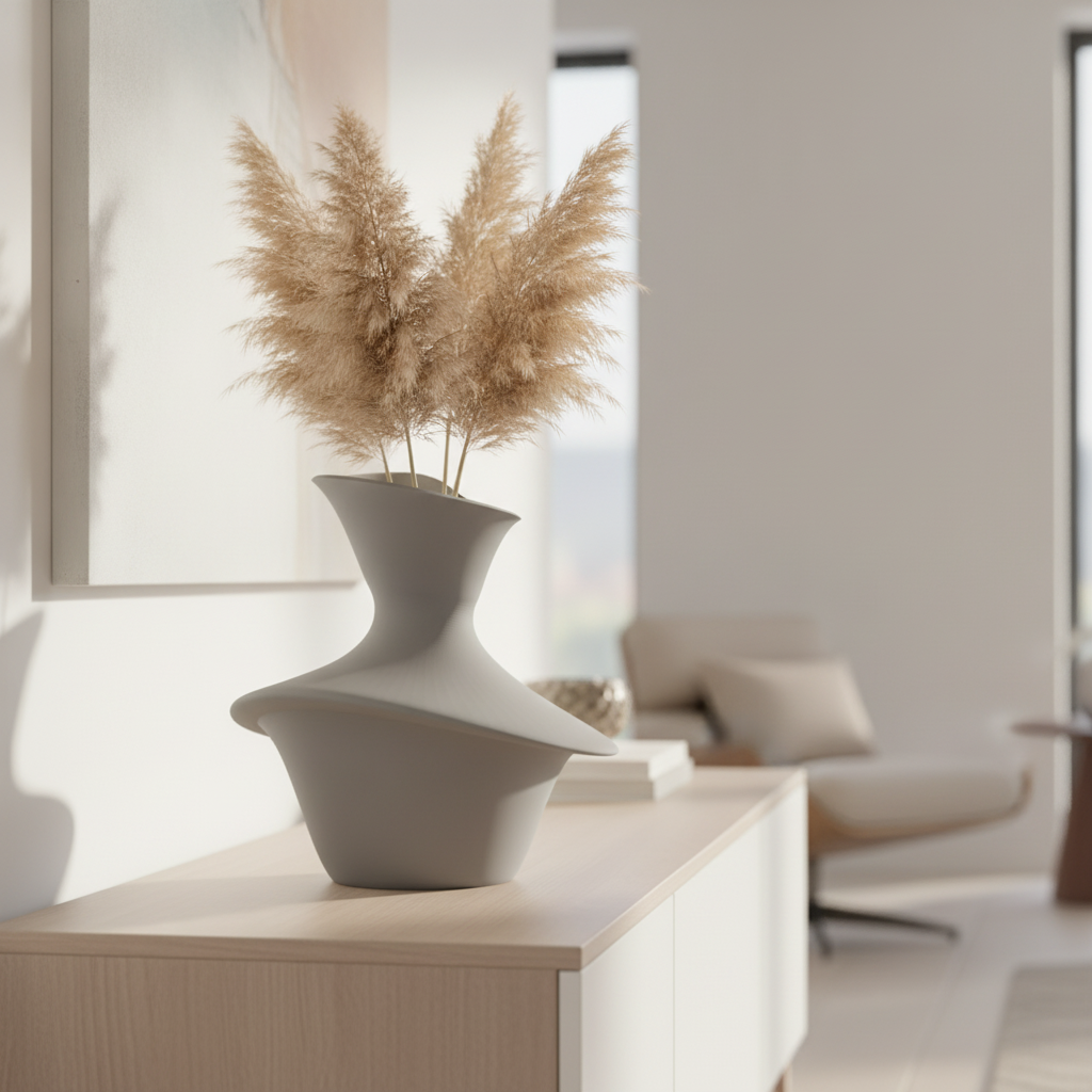 Vază decorativă sculpturală imprimată 3D, fotografiată din unghi lateral într-un decor interior luminos.