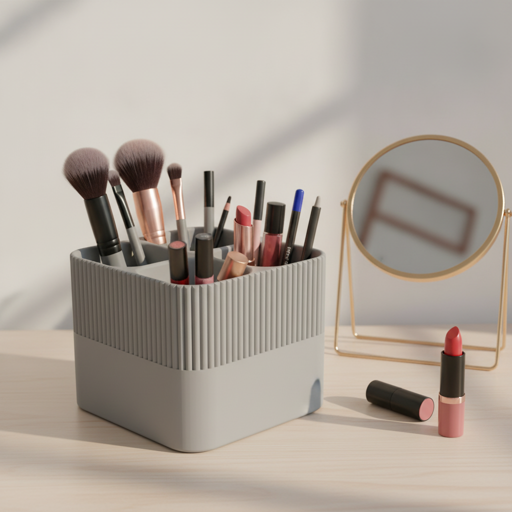 Vedere laterală a organizatorului de machiaj cu produse cosmetice pe vanity