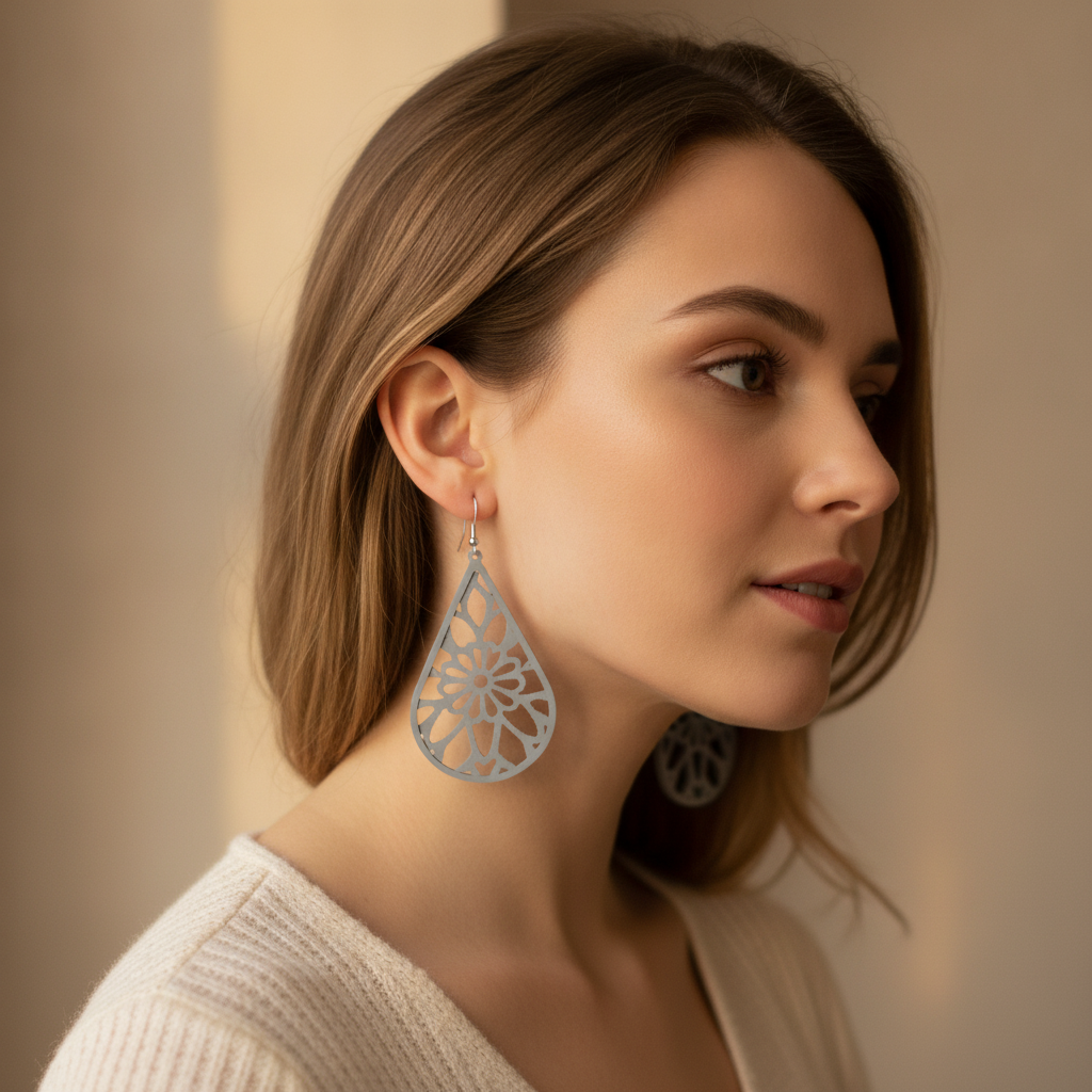 Prim-plan lateral al cerceilor tip picătură cu model floral mandala, purtați de un model