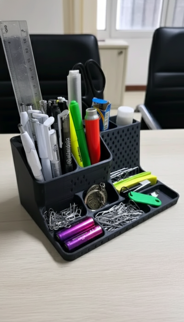Angled view of the 3D-printed desk organizer in a home office workspace