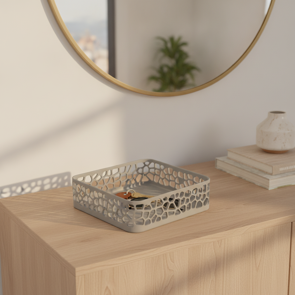 Vedere din unghi a tăvii catch-all Voronoi într-un decor modern de hol.