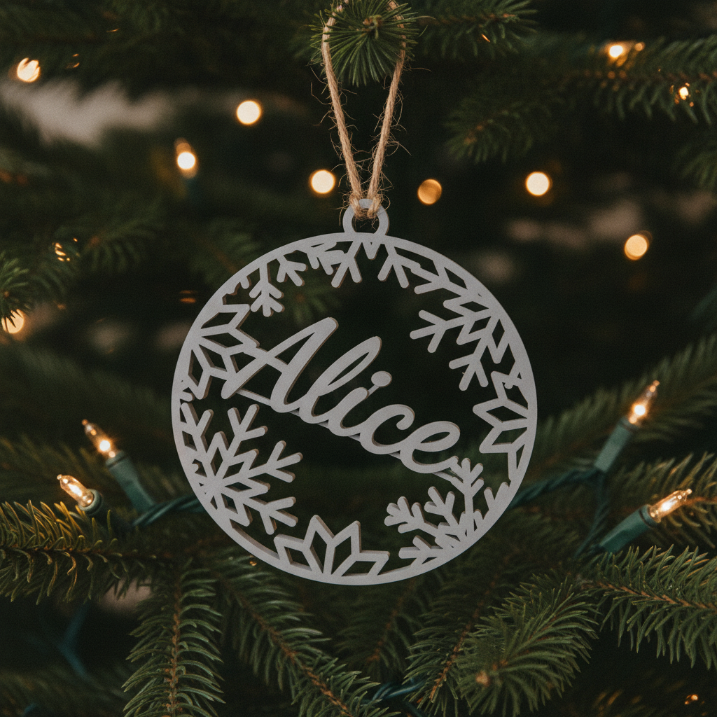 Detaliu al ornamentului personalizat Alice, fotografiat în brad dintr-un unghi alternativ