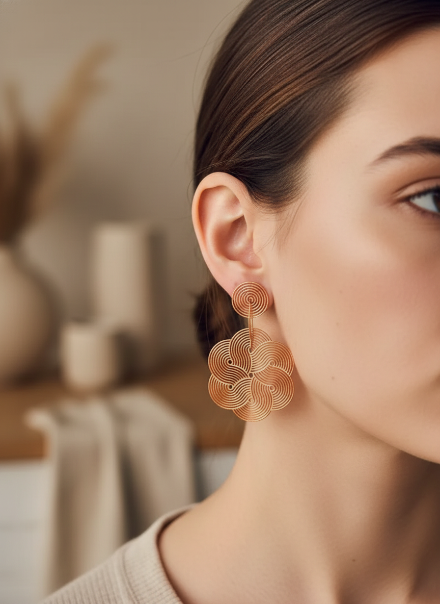 Side profile view of mandala maze earrings worn in a warm neutral interior.
