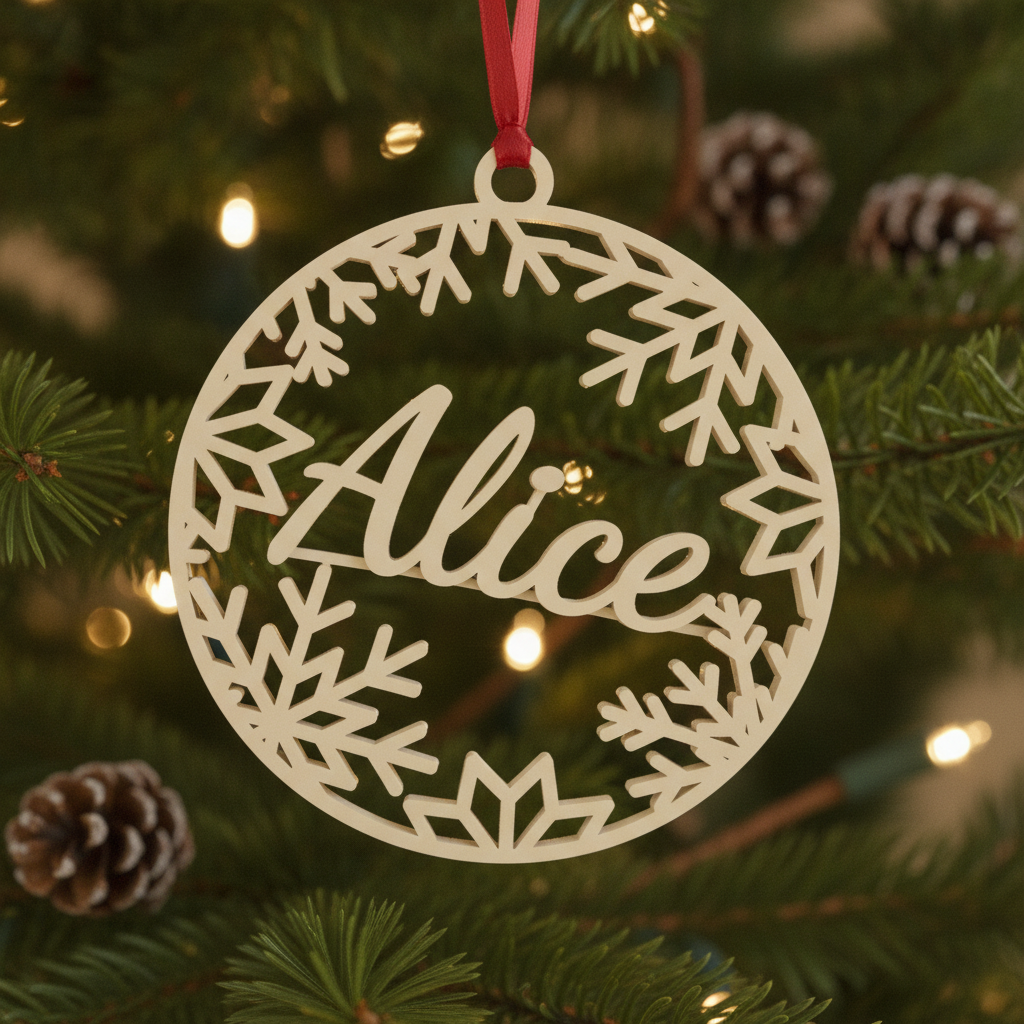 Prim-plan al ornamentului de Crăciun Alice, cu decor festiv și lumini ambientale