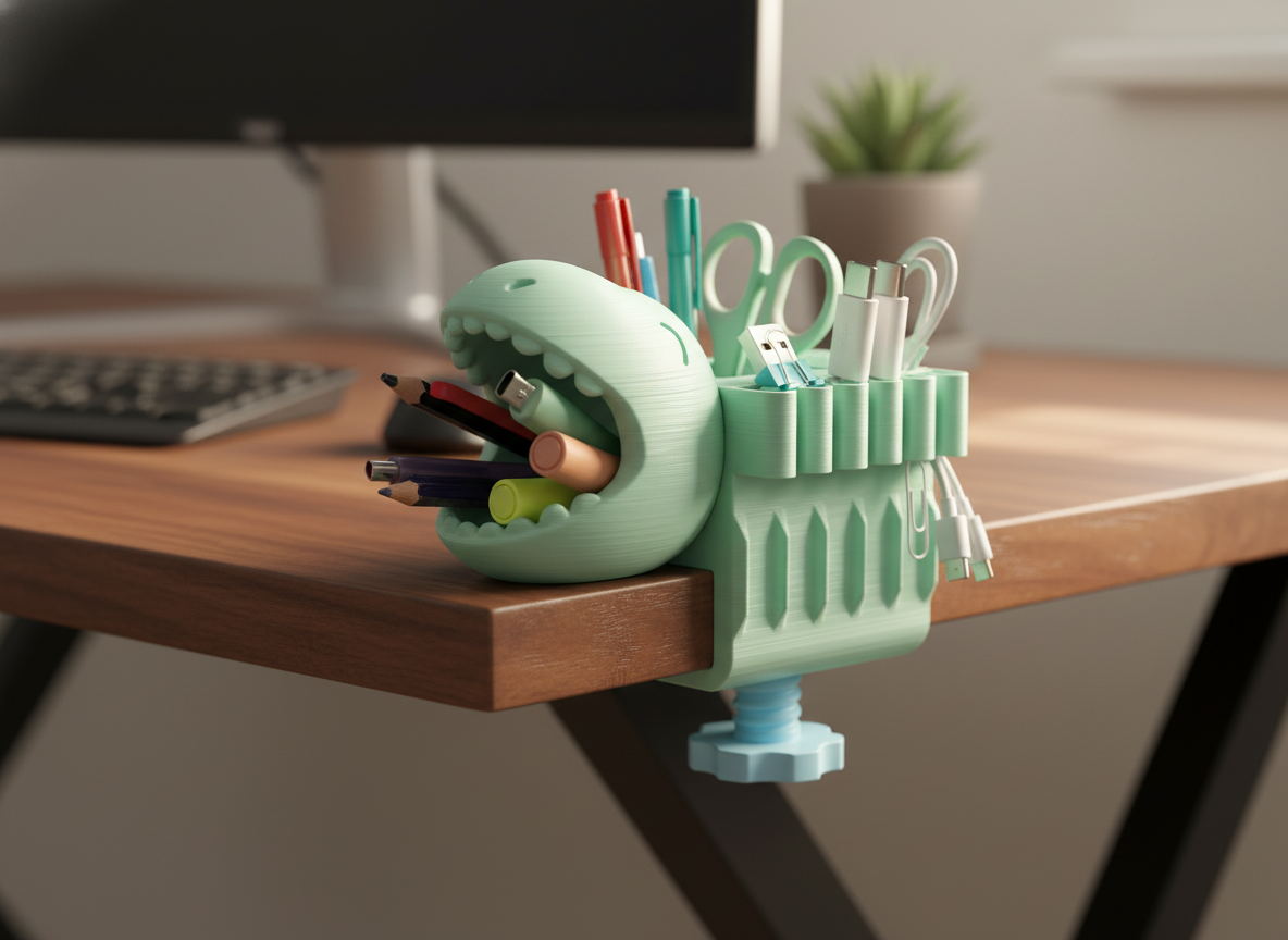 Close-up of the texture and compartments of a 3D printed desk organizer on a desk