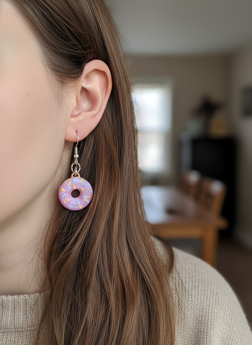 Close-up detail of donut-shaped 3D-printed earrings showing layered texture