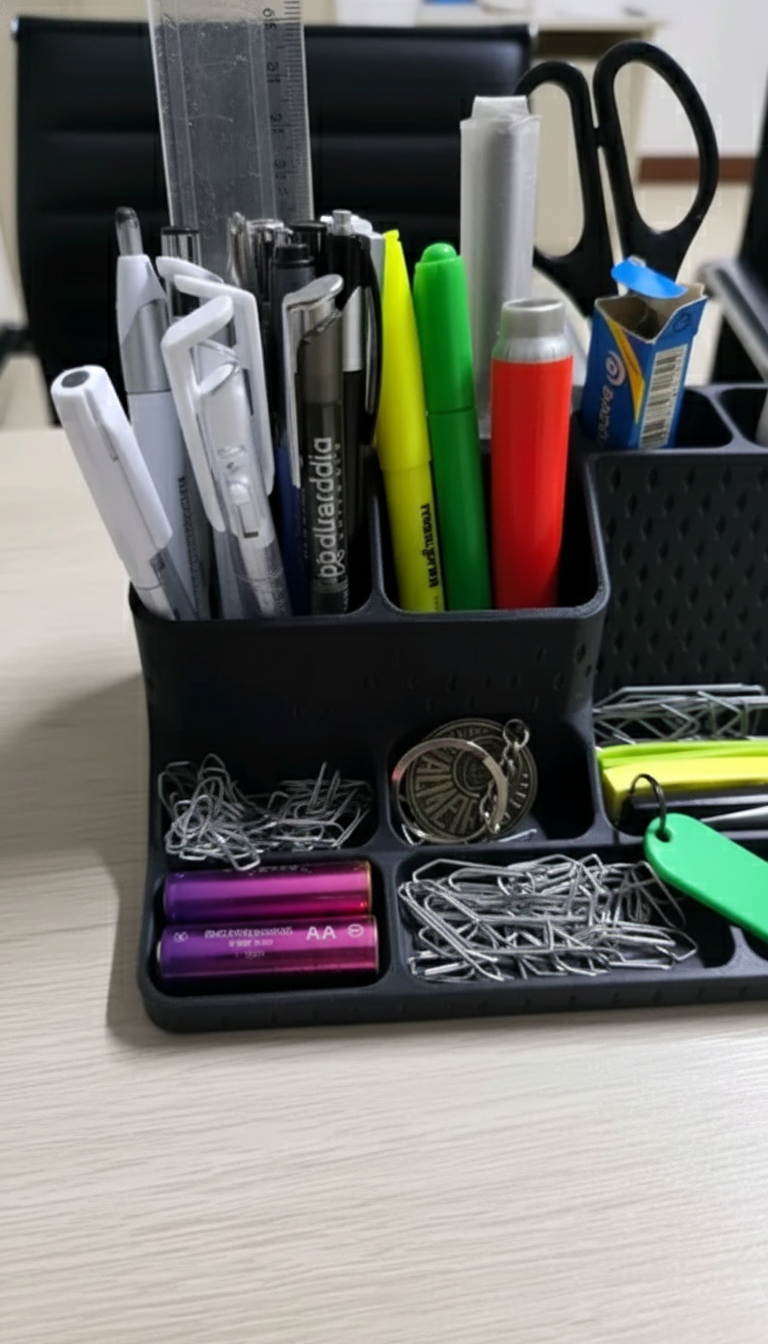 Close-up of the 3D-printed desk organizer compartments and texture in use