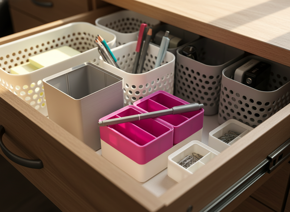 Close-up of modular organizer box texture and rounded corners in drawer use context