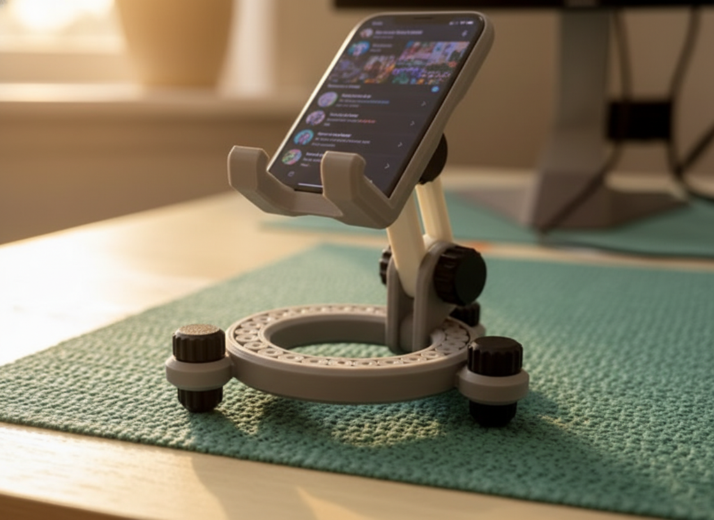 Close-up of the rotating base and joints of the 3D-printed phone stand