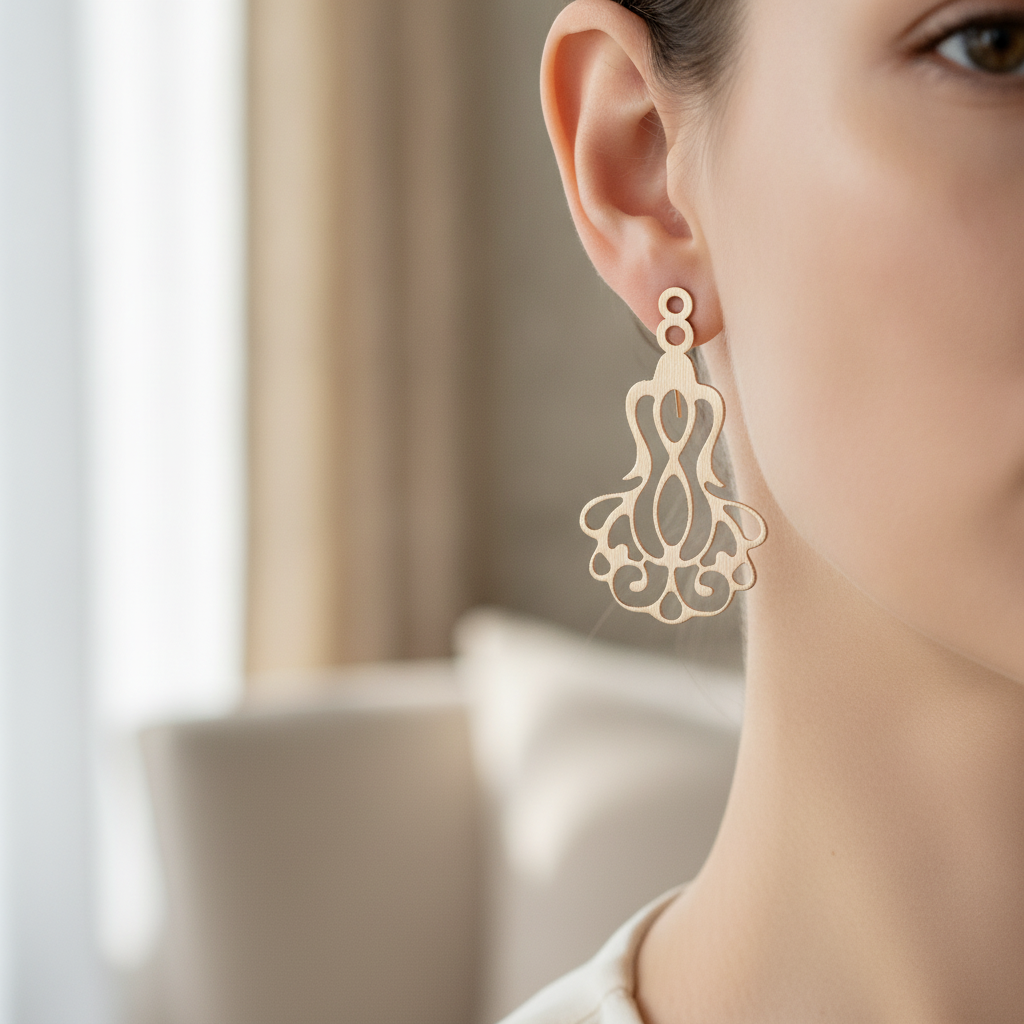 Close-up detail of filigree earring texture and profile