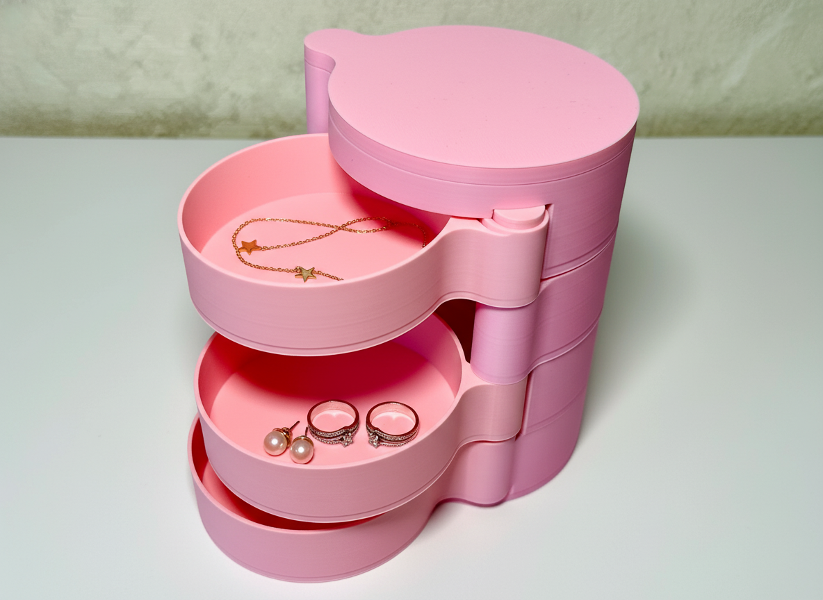 Close-up of the rotating jewelry storage trays and printed texture in a vanity setting