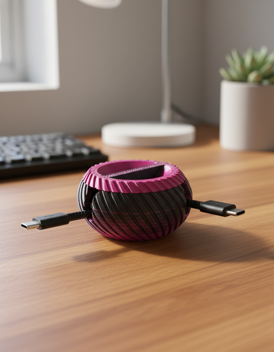 Close-up detail of textured 3D-printed cable winder with cable slot