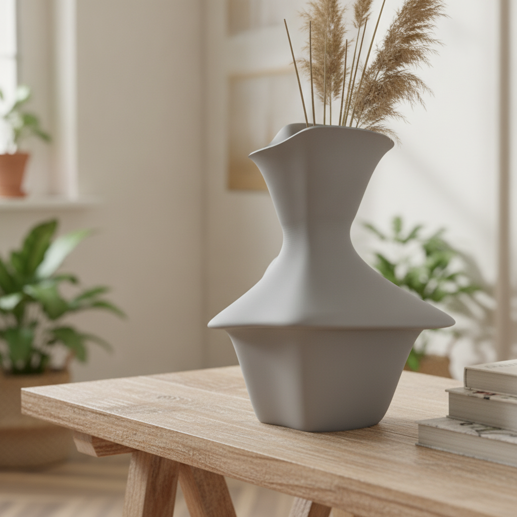 Prim-plan cu textura unei vaze decorative imprimate 3D, integrată într-un decor minimalist.