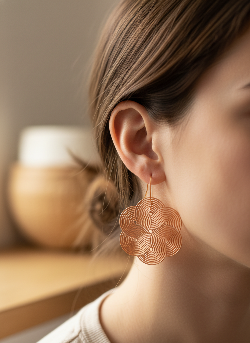 Close-up detail of layered mandala maze earring texture on-ear.
