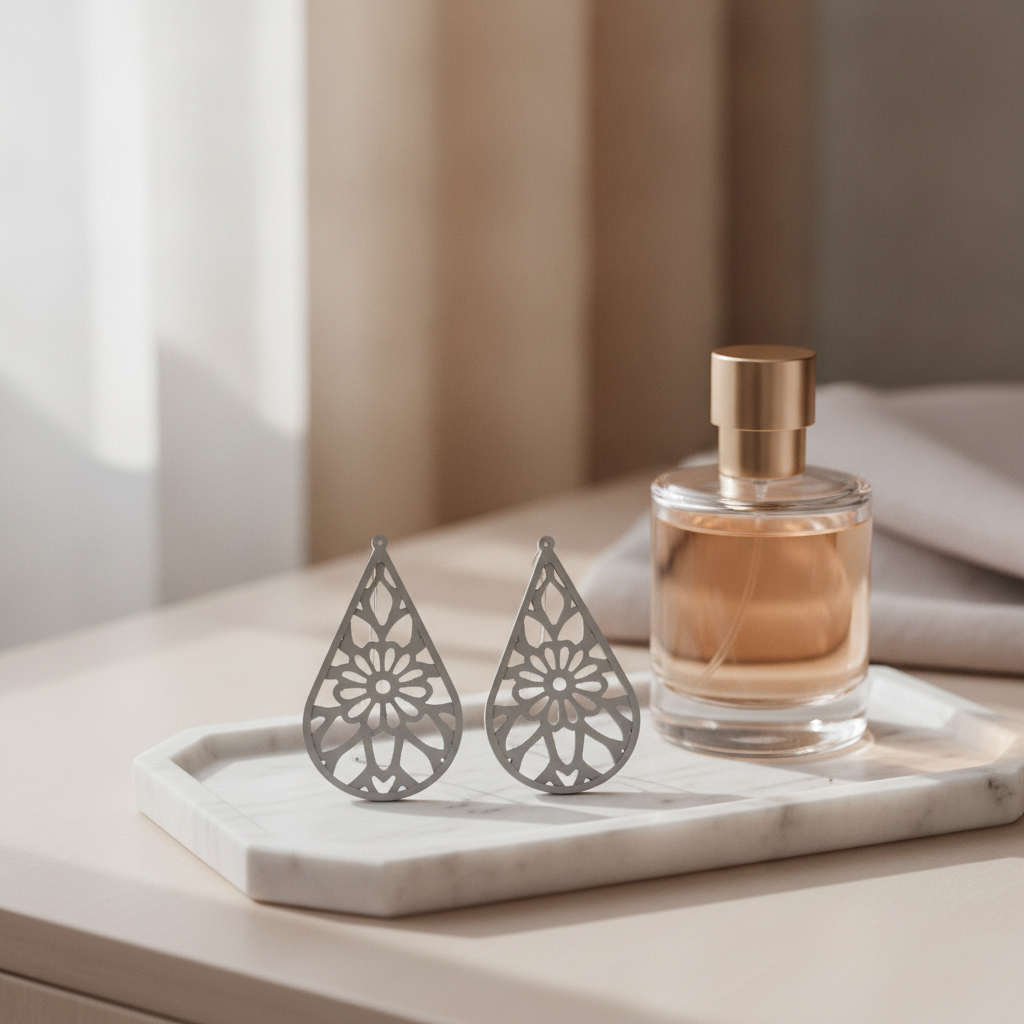 Cercei tip picătură cu model floral mandala așezați pe o tăviță de toaletă, fotografie lifestyle
