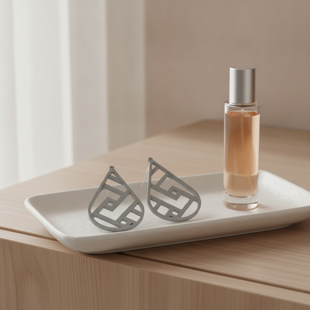Cercei tip picătură cu model geometric așezați pe o tăviță de toaletă, fotografie lifestyle