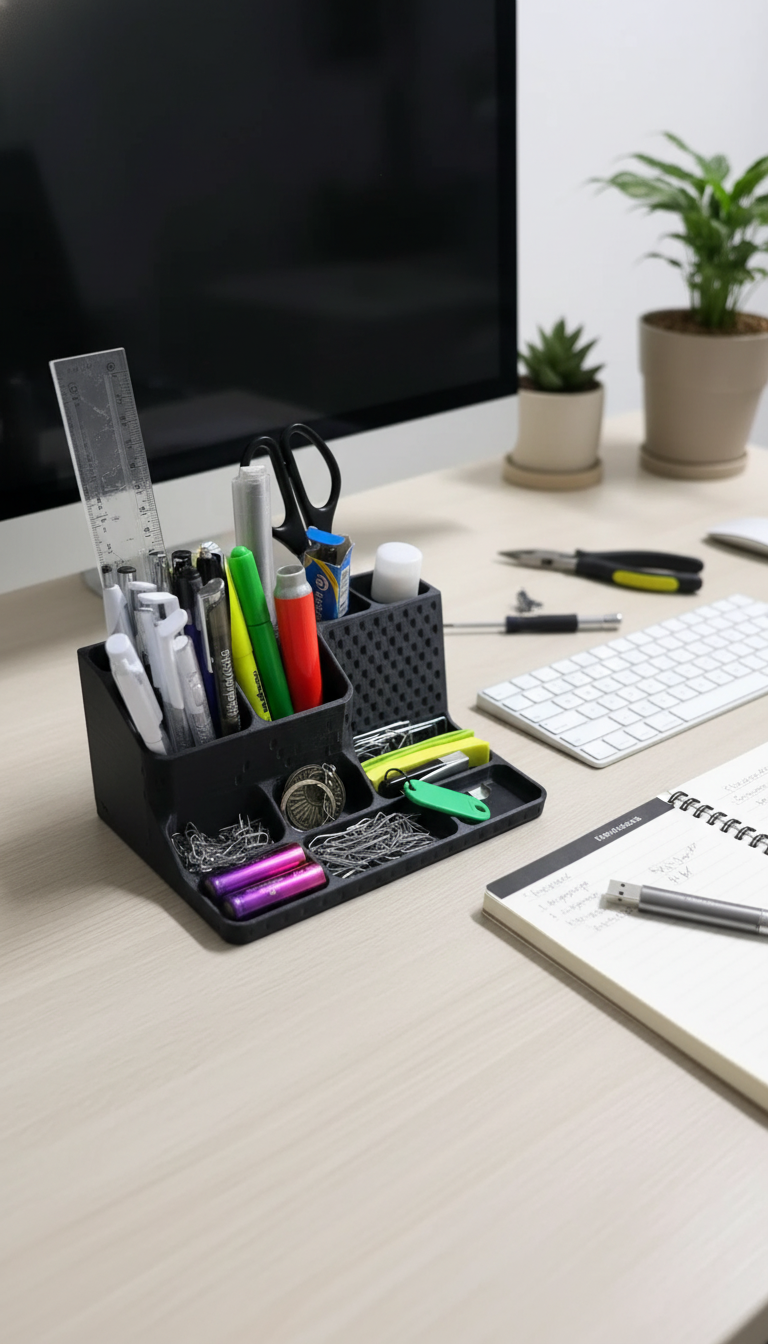 Wide lifestyle view of the 3D-printed desk organizer on a modern desk