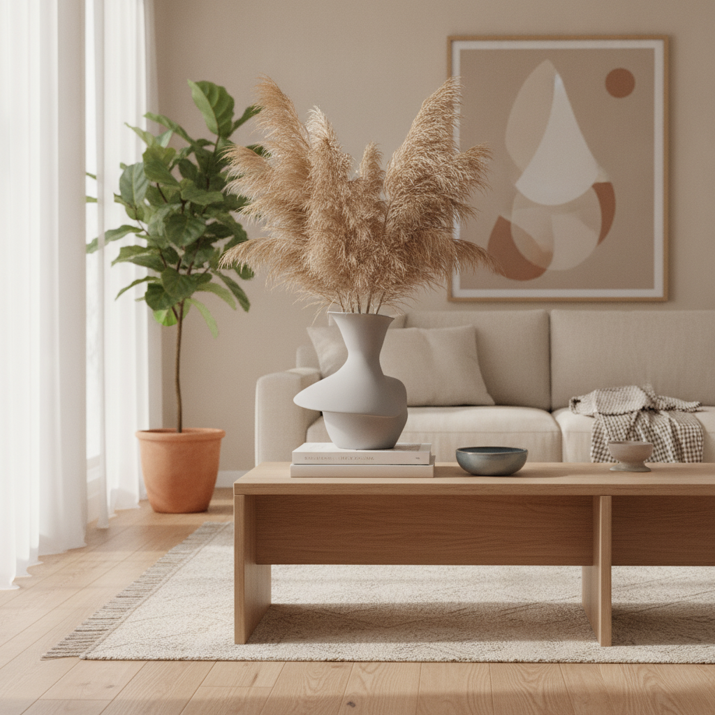 Cadru larg cu vază decorativă sculpturală imprimată 3D pe consolă, într-un living modern.