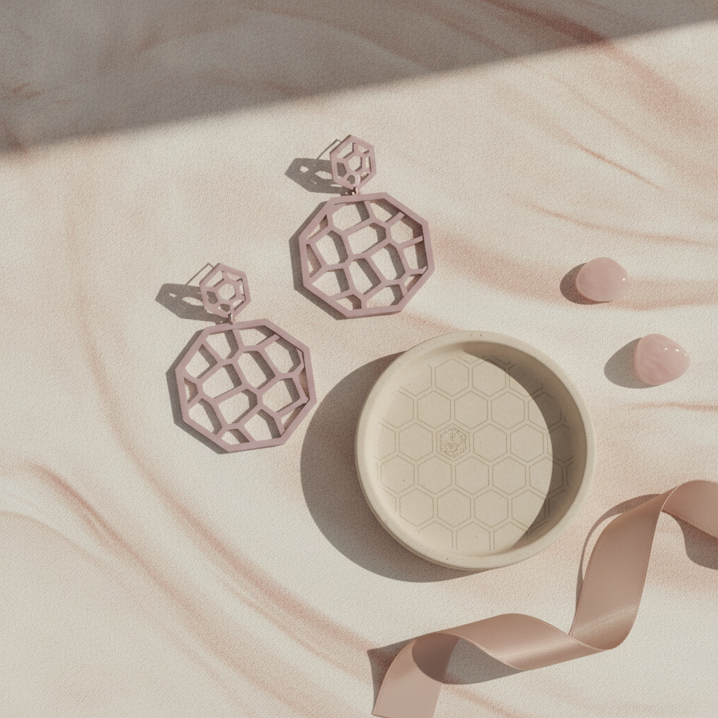 Flat-lay stilizat cu cercei geometrici pe fundal textil crem și roz pal