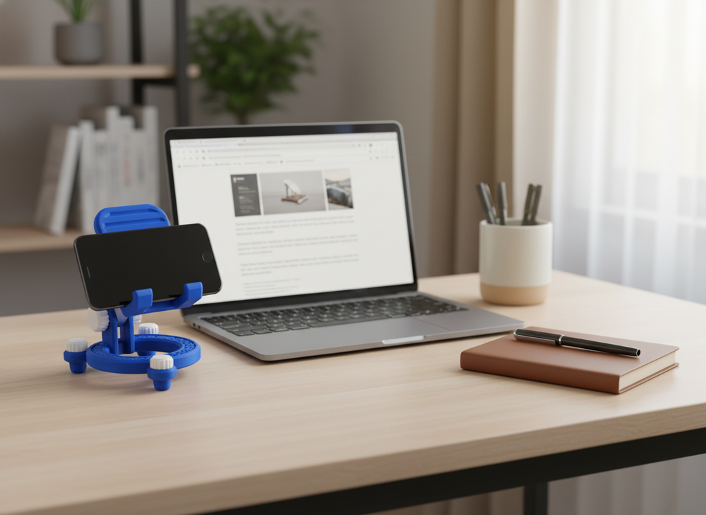 Wider workspace scene showing the adjustable phone stand beside desk items