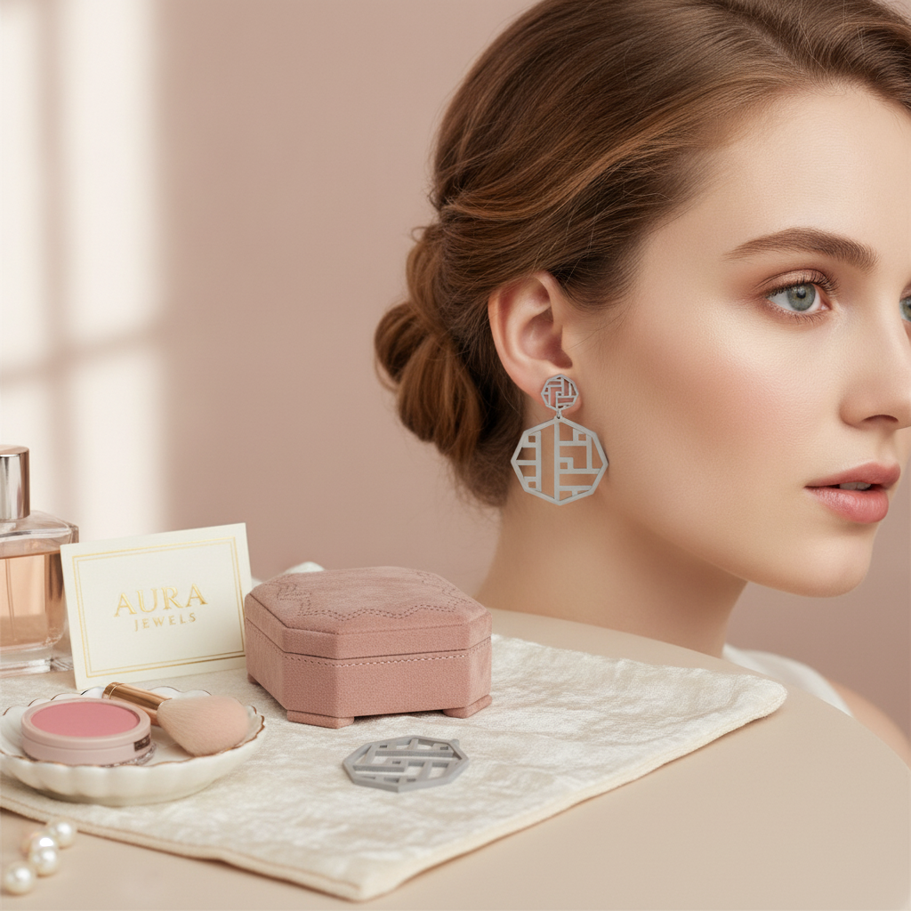 Cadru lifestyle cu cercel geometric în decor blush și crem