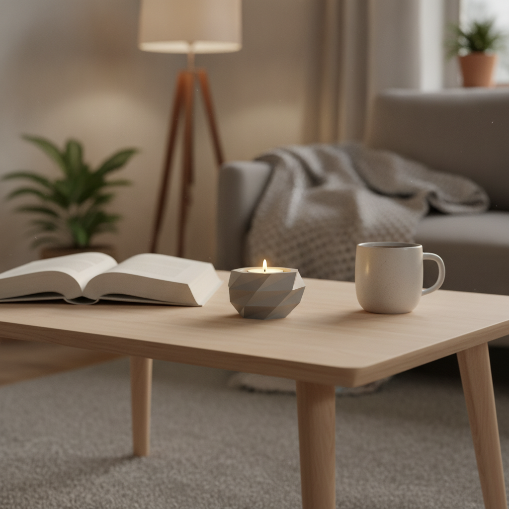 Cadru larg cu suportul pentru lumânare Low Poly pe măsuță într-un living confortabil