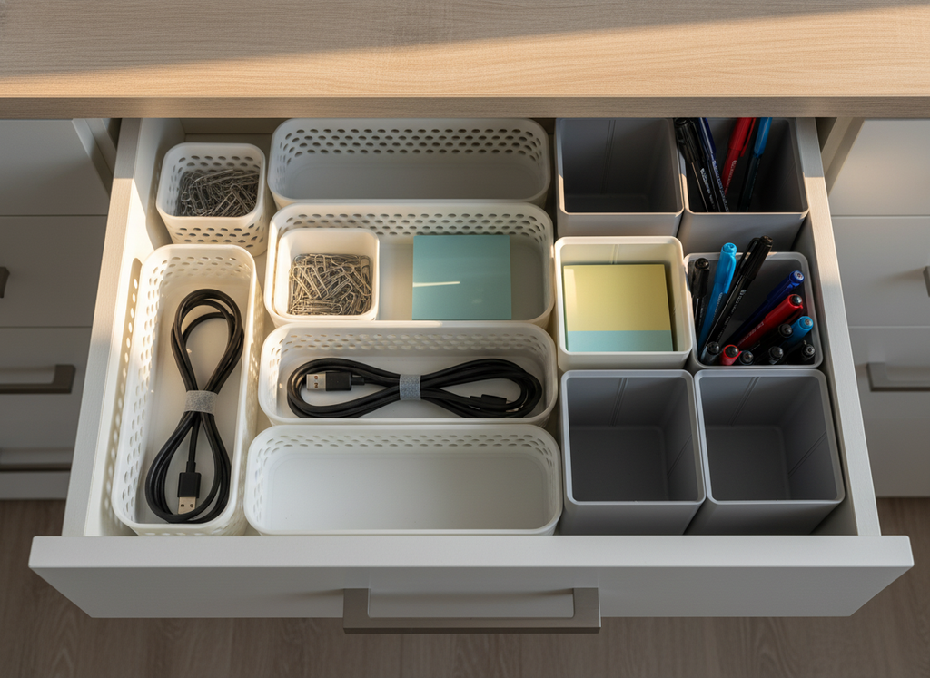 Top-down lifestyle view of modular organizer boxes organizing office supplies in an open drawer