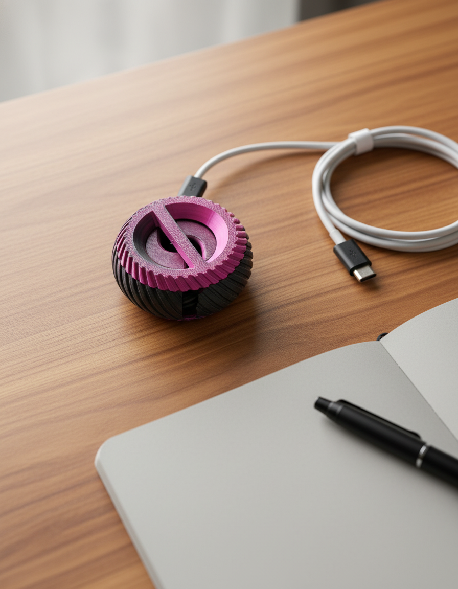 Lifestyle flat-lay of cable winder with cable notebook and pen on desk