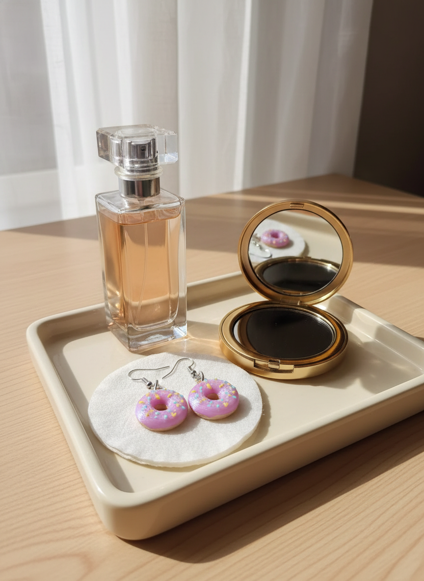 Flat-lay lifestyle image of donut-shaped 3D-printed earrings on a vanity tray
