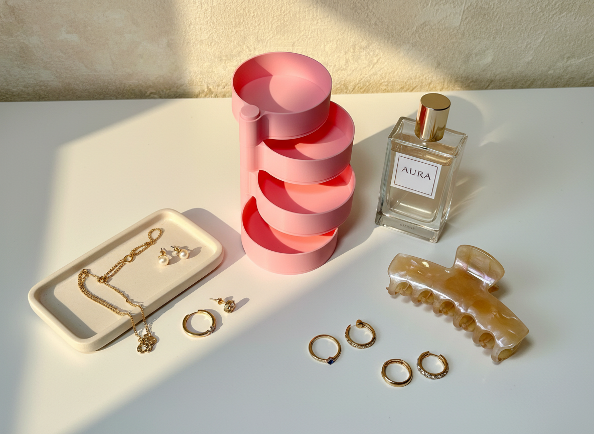 Lifestyle vanity scene featuring the rotating jewelry organizer with small accessories