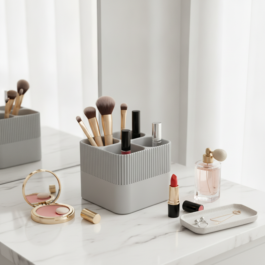 Cadru lifestyle cu organizatorul de machiaj și accesorii de vanity