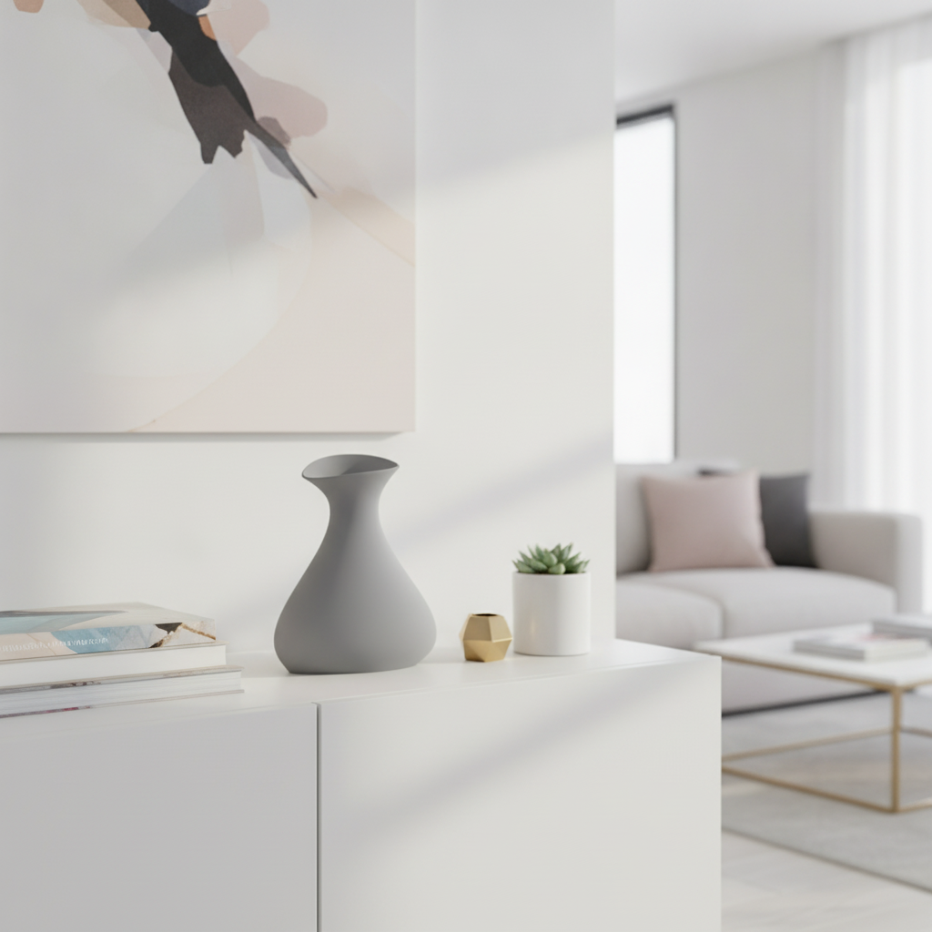 Vază decorativă sculpturală într-un decor luminos, alături de cărți și accente moderne