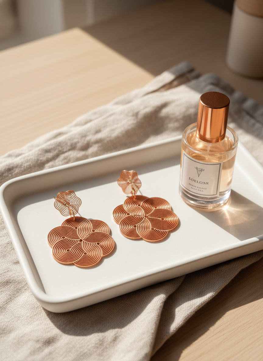 Mandala maze earrings styled on a ceramic vanity tray with perfume bottle.