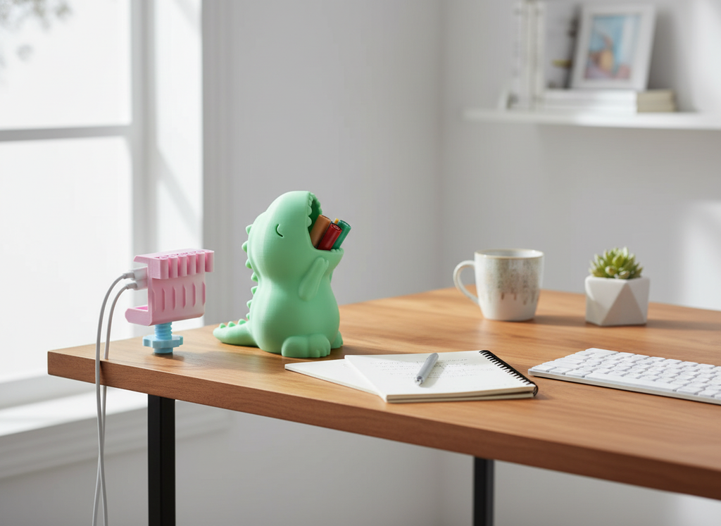 Wide lifestyle view of a 3D printed desk organizer in a home office setting