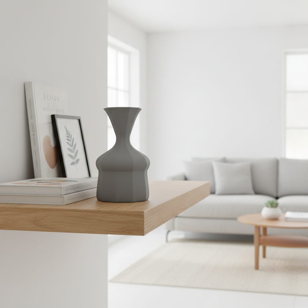 Vază decorativă geometrică într-un living luminos, alături de cărți și decor modern