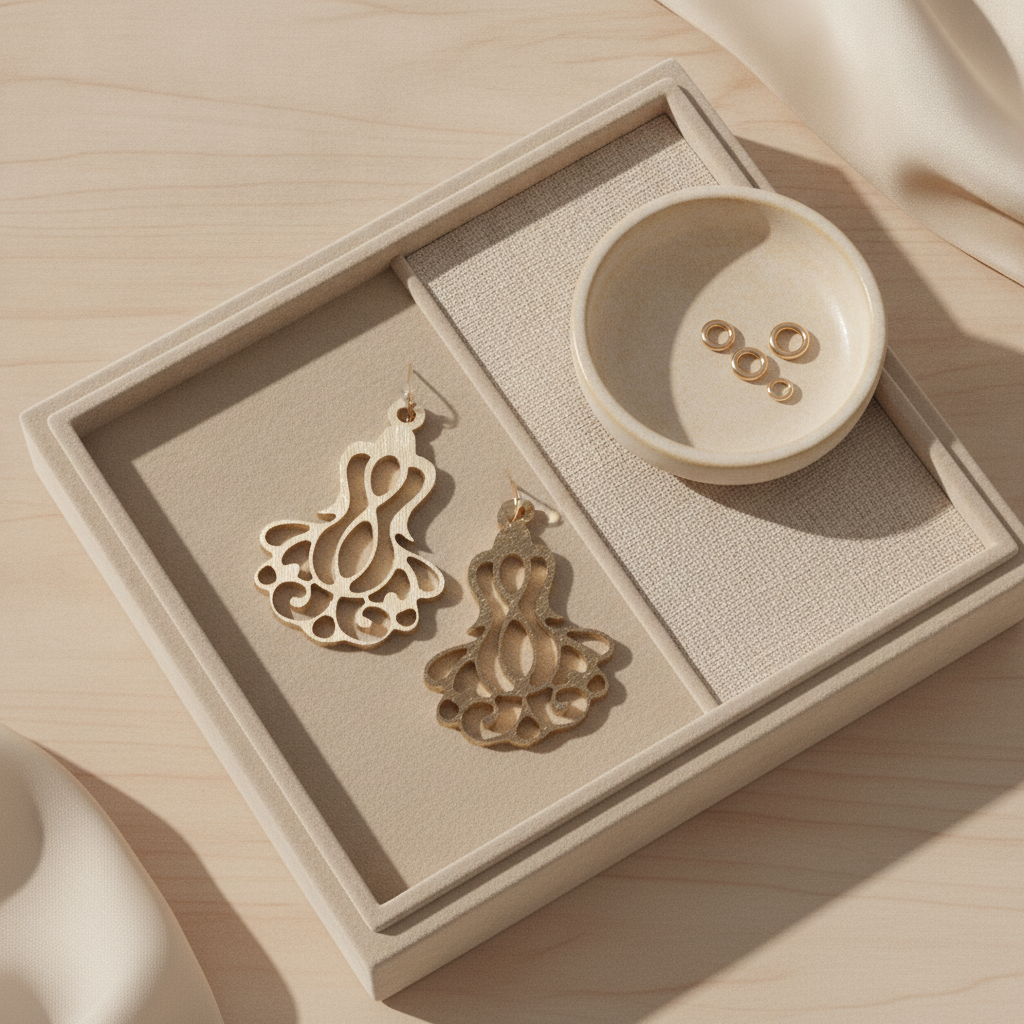 Lifestyle flat-lay of filigree earring in boutique jewelry setting
