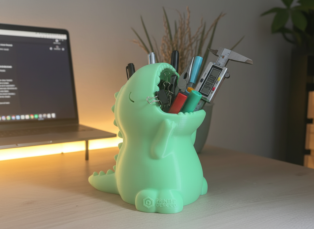 3D printed desk organizer on a tidy home office desk holding pens and small tools