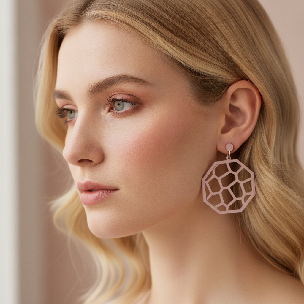 Cercei geometrici cu model Voronoi purtați, fotografie editorială în lumină naturală