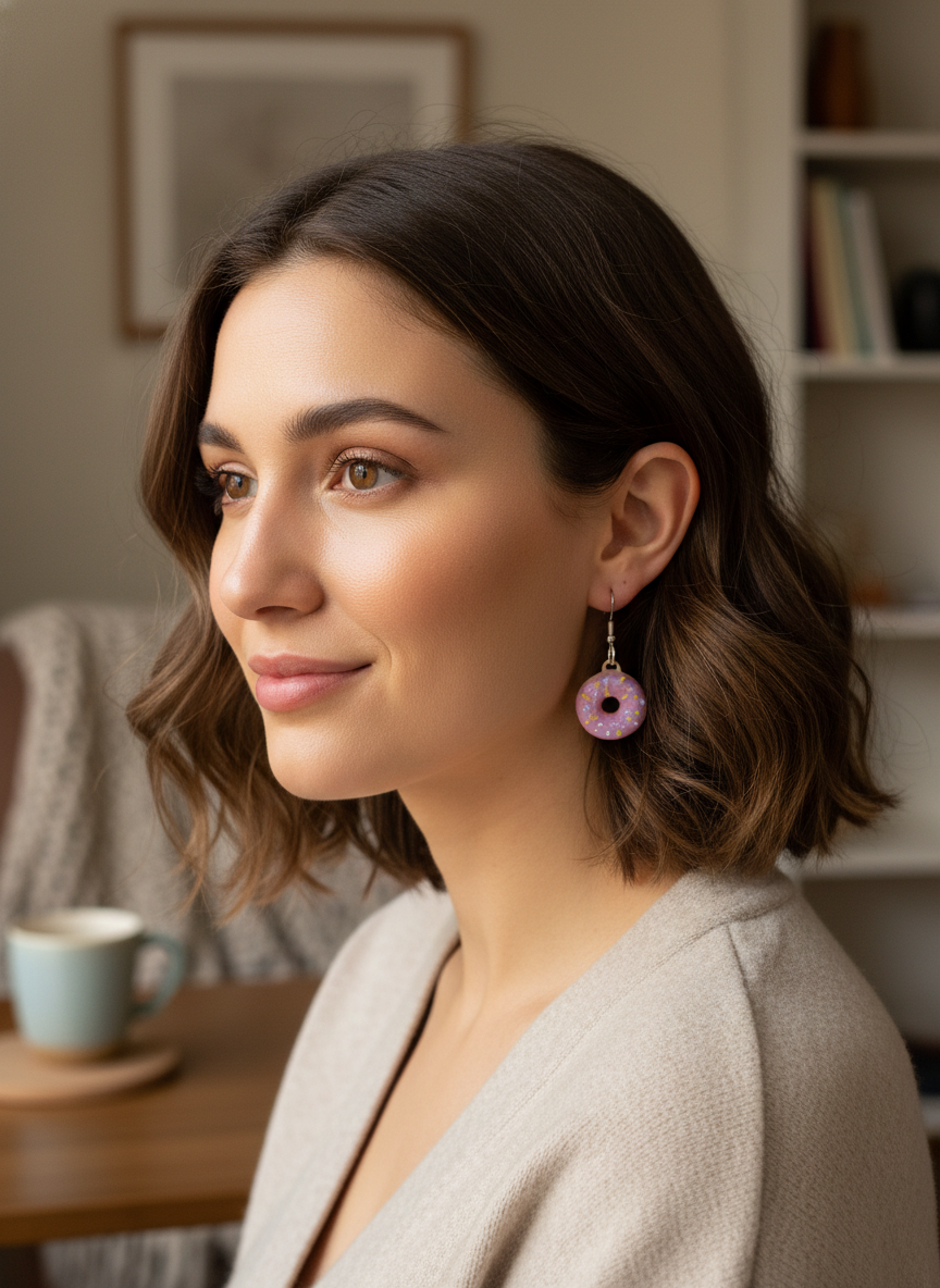 Model wearing donut-shaped 3D-printed drop earrings in soft natural light