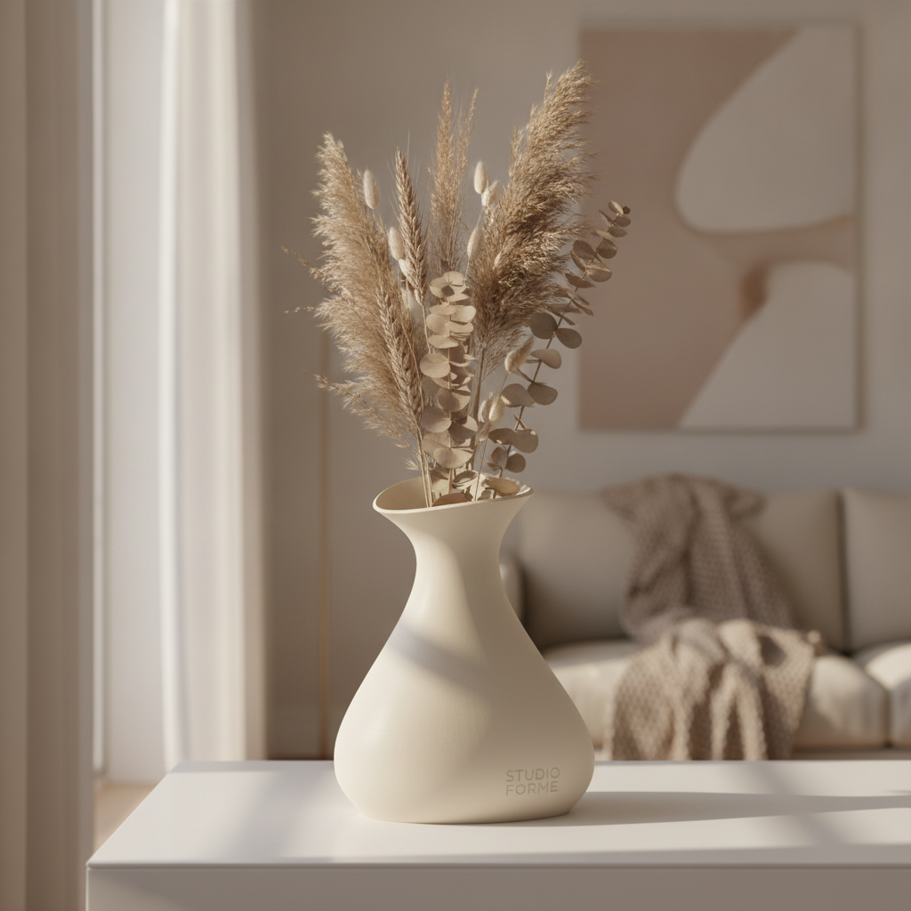 Vază decorativă sculpturală 3D pe consolă minimalistă, cu tije uscate