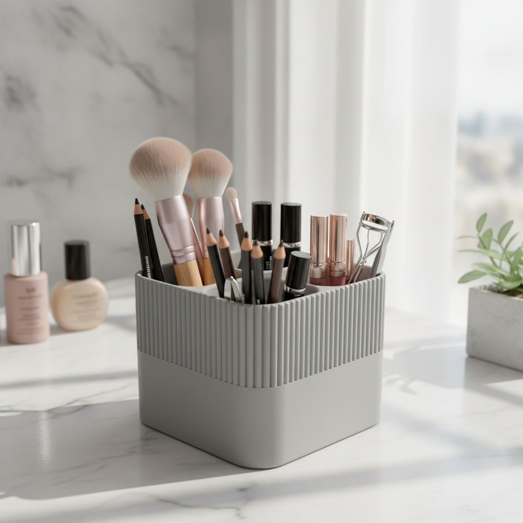 Organizator pentru machiaj cu 4 compartimente, pe masă de toaletă, cu pensule și accesorii cosmetice