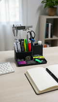 3D-printed desk organizer on a tidy wooden desk holding pens and tools