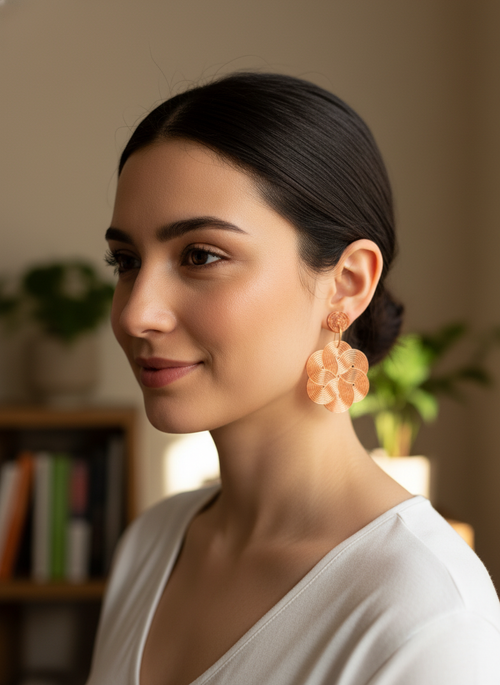 Pair of mandala maze earrings worn in soft natural light.